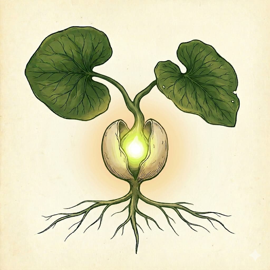 A seed cracking open, light emerging from within